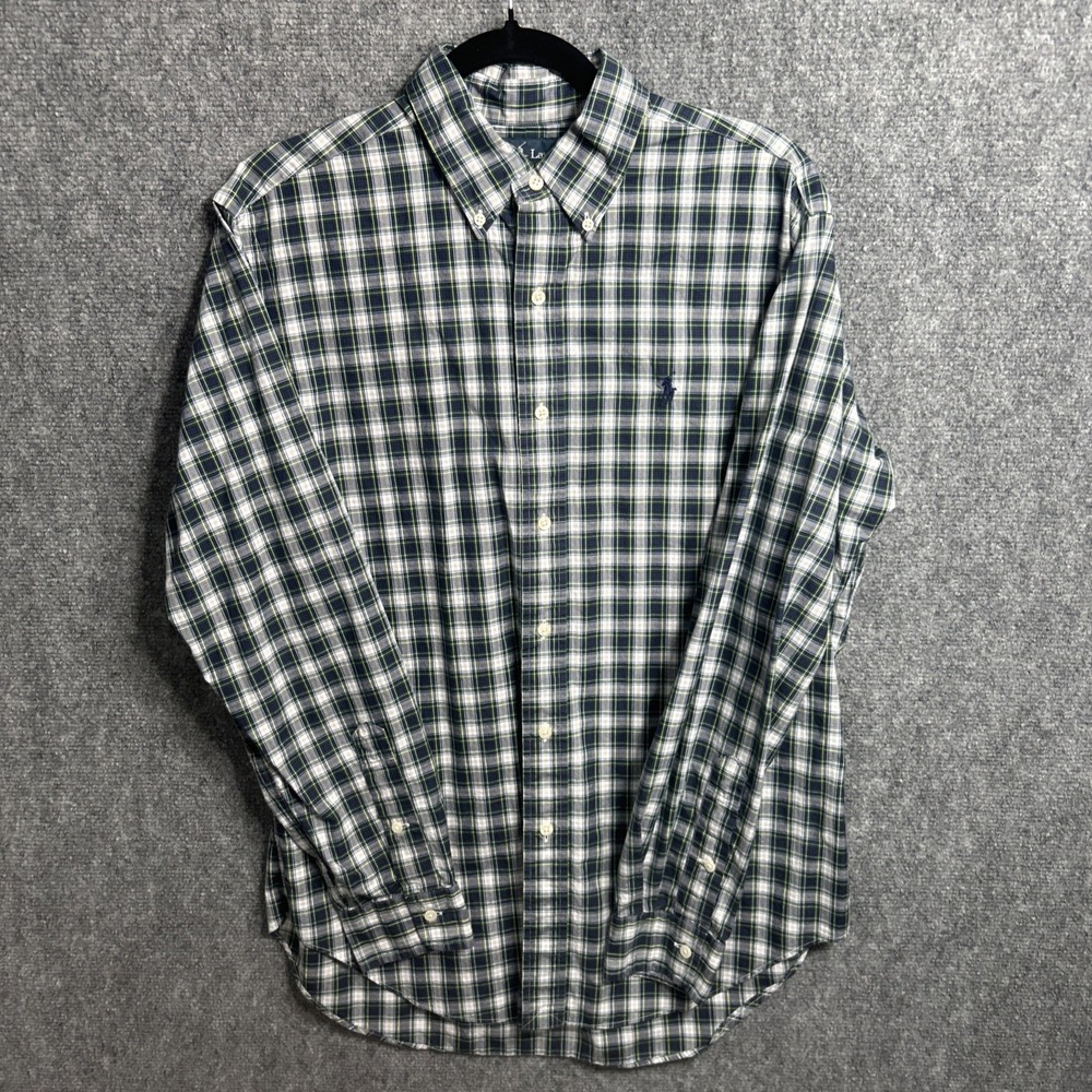 Ralph Lauren Mens Plaid Button Down Shirt Classic Fit Medium Navy Green White
